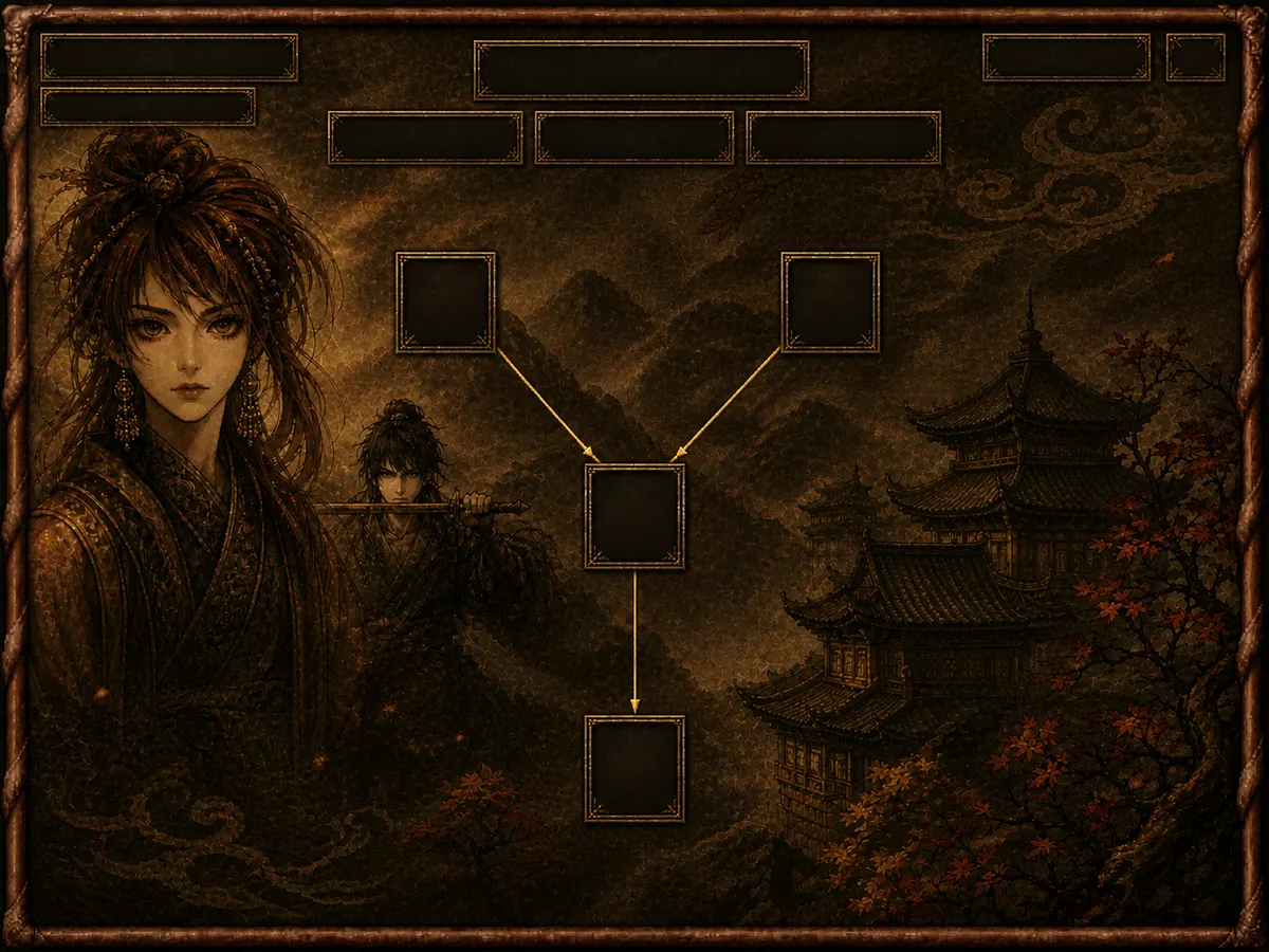 Bronze skill-tree backdrop with adventurers and a temple